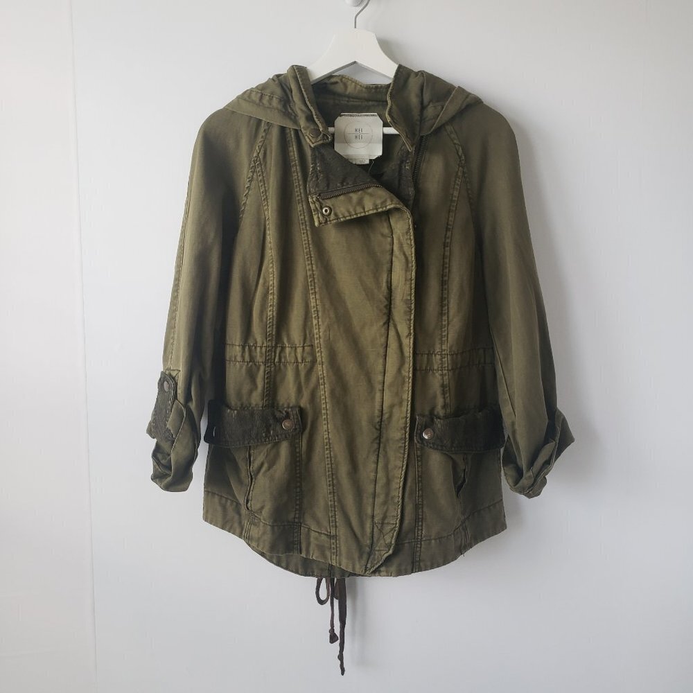 Anthropologie Hei Hei‎ Lace Trim Hooded Utility Jacket in Army Green size XS